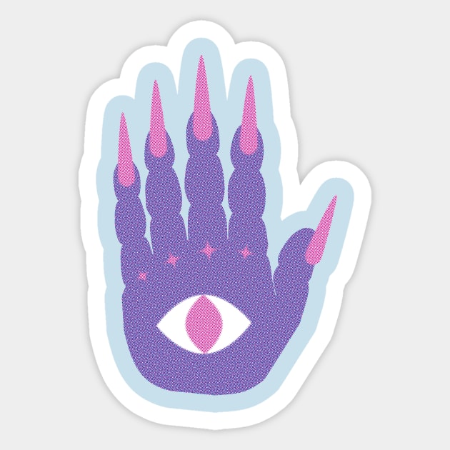 Magic Mage Hand Hamsa Cat Eye Evil Eye Pink Purple Stiletto Nails Shield Protection Optical Illusion Illuminati Y2K Graphic Design Sticker by TriangleWorship